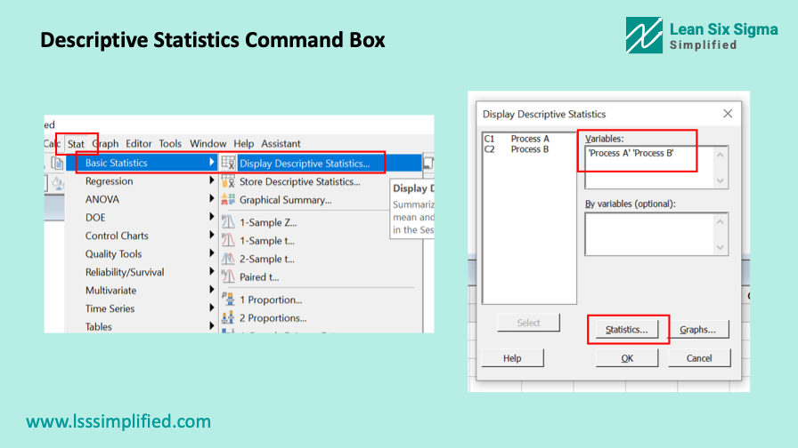 Measures of Variation Display Descriptive Statistics Command Box
